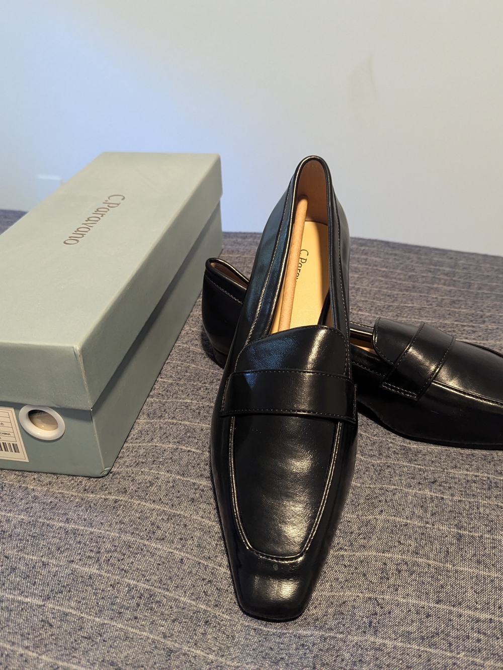 C. Paravano Black Leather Women's Penny Loafers